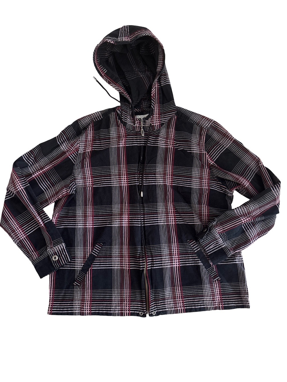 Christopher & Banks Black Plaid Hooded Zip Jacket with Pink Accents